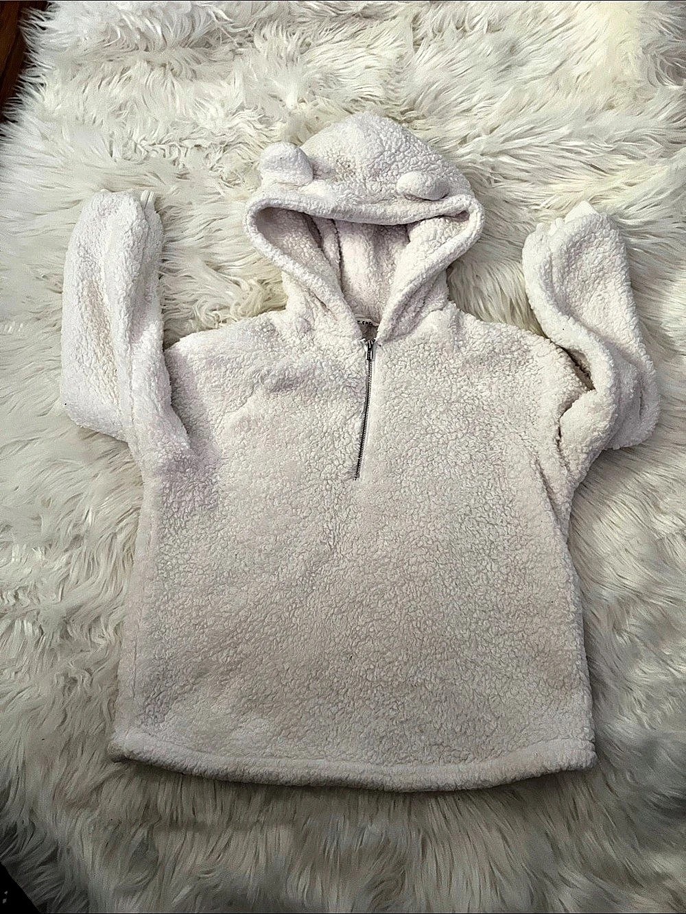 Kids Cozy White Part-Zip Hooded Fleece Pullover with Bear Ears on Hood